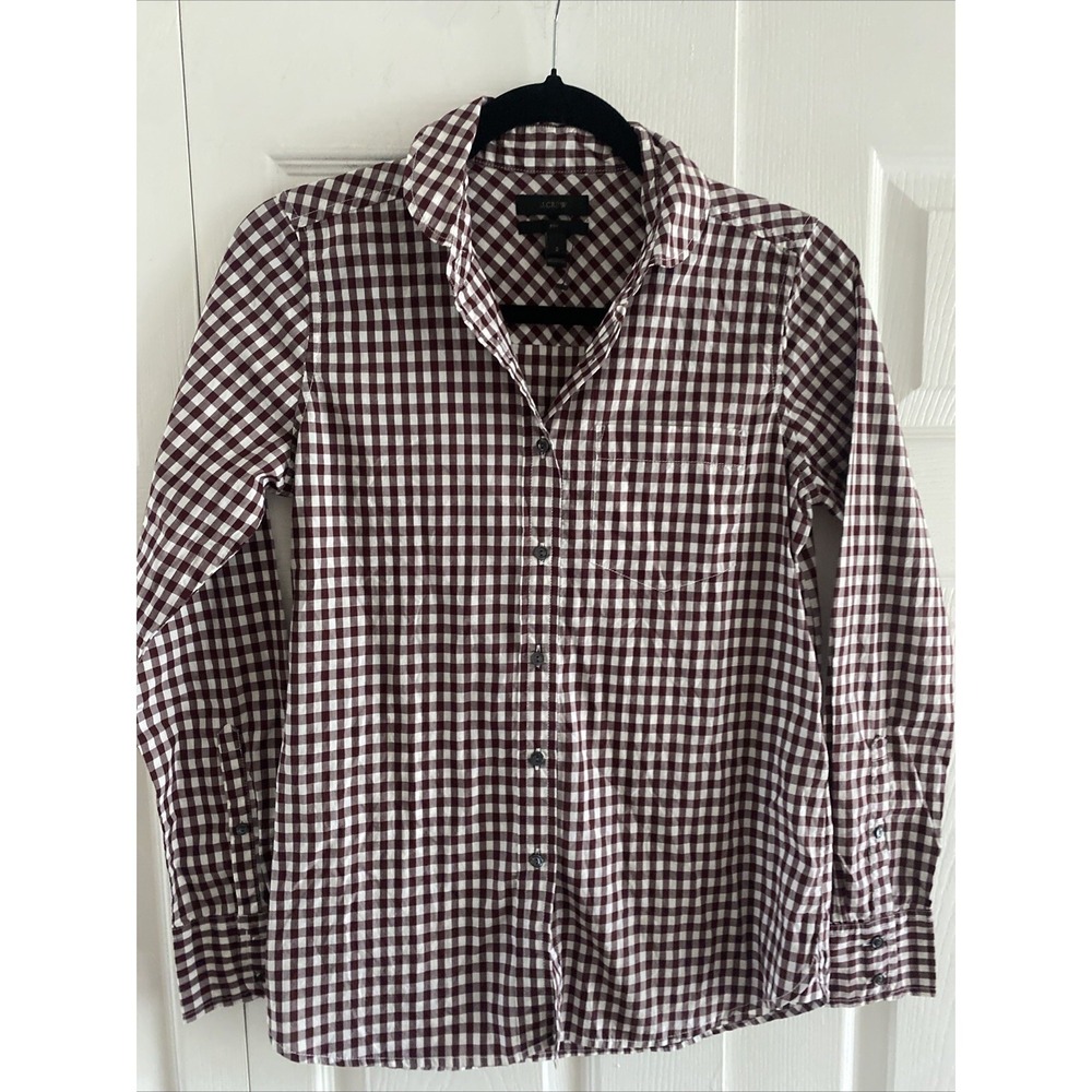 J.Crew Boy Shirt Button Down Womens Size 2 Burgundy Gingham Plaid Cotton Top